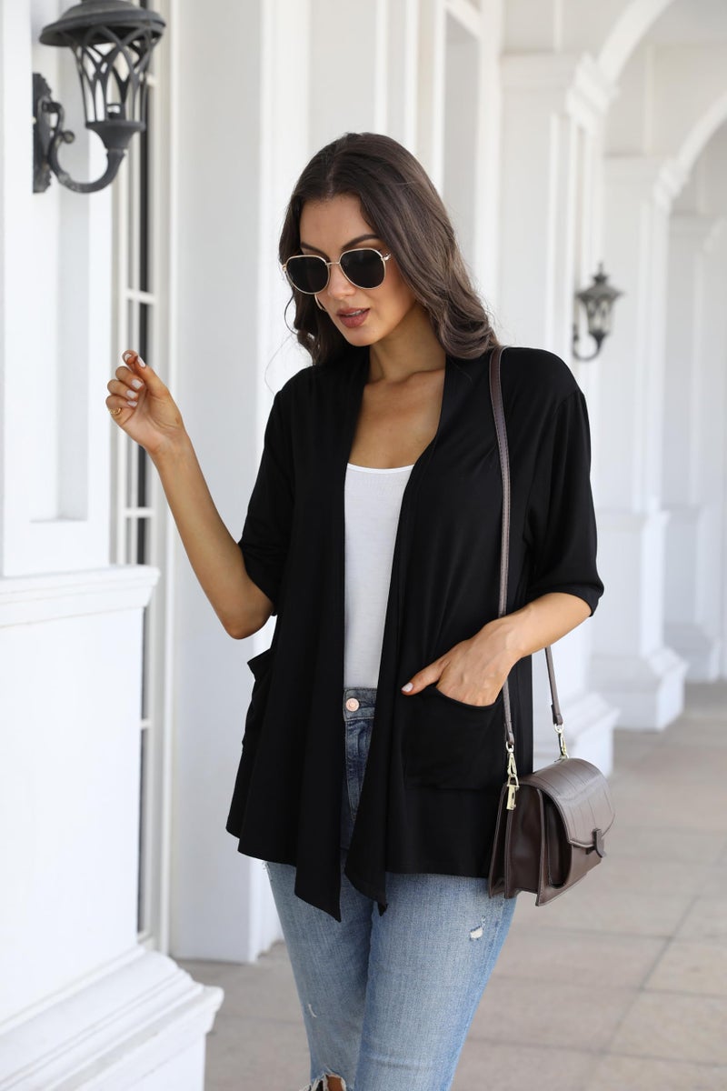 ADANIKI Women 2026 Summer Lightweight Cardigan, Short Sleeve Open Front Casual Trendy Womens Kimono Cover Up with Pocket (Black, XL) - Image 1